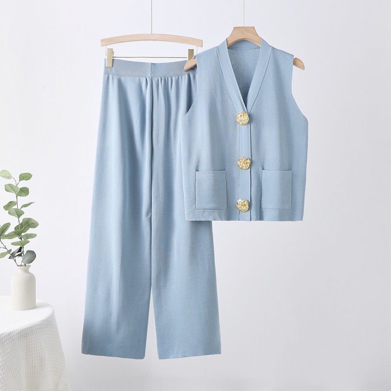 Cross border fashion suit women's summer new item European and American sleeveless big button knitted top straight leg wide leg pants two-piece set