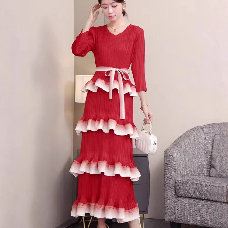 Miyake cross-border gradient color light luxury niche ruffle edge pleated cake skirt heavy-duty pleated slim fit long dress