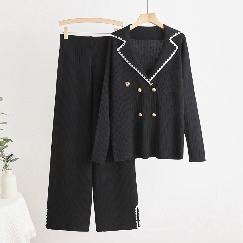 Cross border 2025 autumn and winter new solid color high-end temperament jacket slimming knitted high waisted pants two-piece set Cross border 2025 autumn and winter new solid color high-end temperament jacket slimming knitted high waisted pants two-piece set