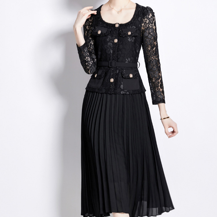 French style small fragrance dress for women with a high-end feel, heavy nail bead metal buckle square neck lace patchwork pleated fairy dress