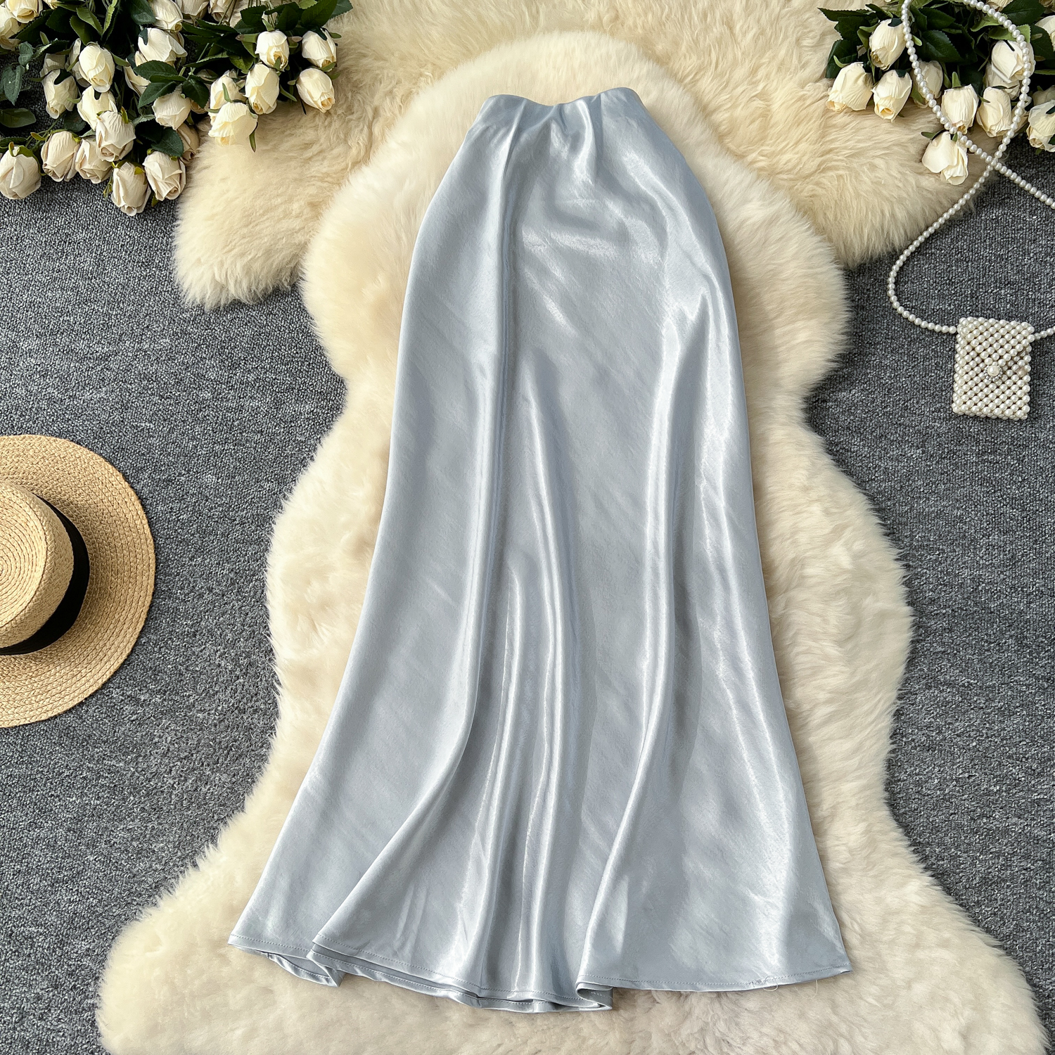 High end satin midi skirt for women 2025 new style, light luxury, high waist, slimming A-line package, hip sagging sensation, fish tail mid length skirt High end satin midi skirt for women 2025 new style, light luxury, high waist, slimming A-line package, hip sagging sensation, fish tail mid length skirt