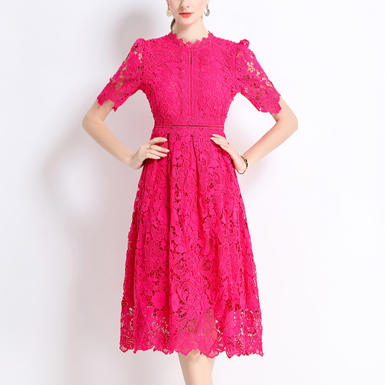 2025 summer new short sleeved waist cinching slimming hollow out water-soluble lace design positioning mid length dress for women