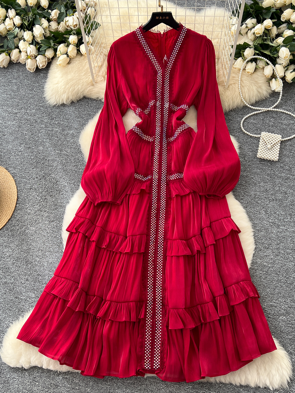 French elegant temperament dress, women's heavy industry hot stamping lace splicing waist slimming lantern sleeves ruffle edge long skirt