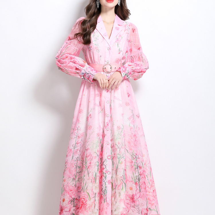 European and American high-end women's dress spring new style palace style waist cinched suit collar lantern sleeves printed long skirt