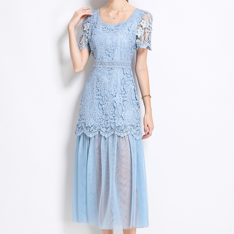 French socialite style lace square neck dress, women's summer high-end sense, hanging mesh splicing elegant long skirt