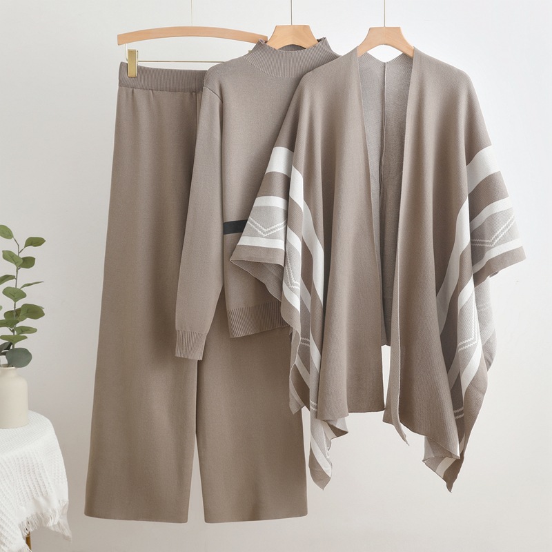 Cross border foreign trade fashion spring and autumn loose casual shawl cardigan jacket+high neck sweater base+wide leg pants three pieces Cross border foreign trade fashion spring and autumn loose casual shawl cardigan jacket+high neck sweater base+wide leg pants three pieces
