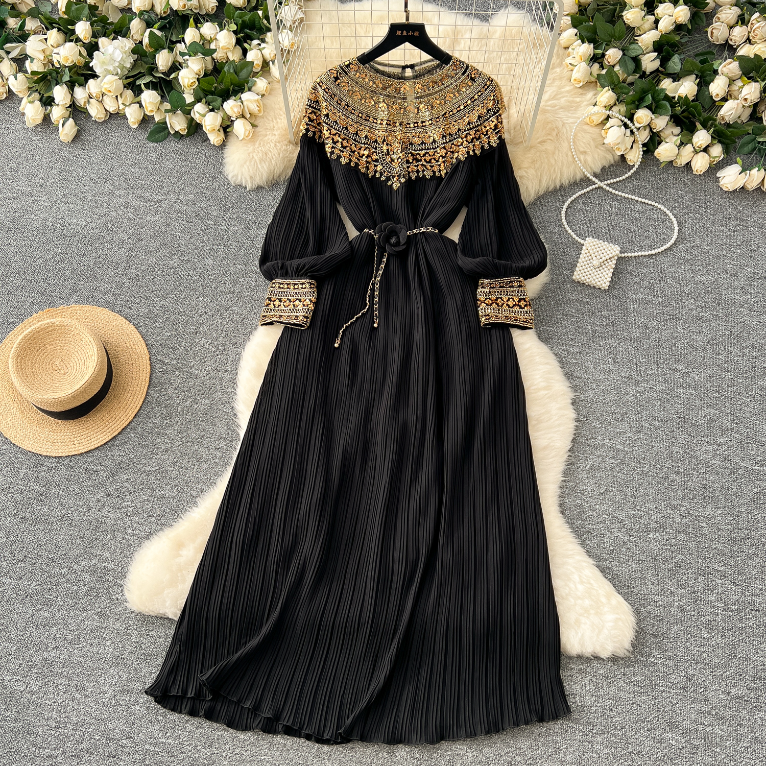 High end women's temperament dress 2024 winter heavy industry nail bead sequin loose waist long pleated dress dress High end women's temperament dress 2024 winter heavy industry nail bead sequin loose waist long pleated dress dress