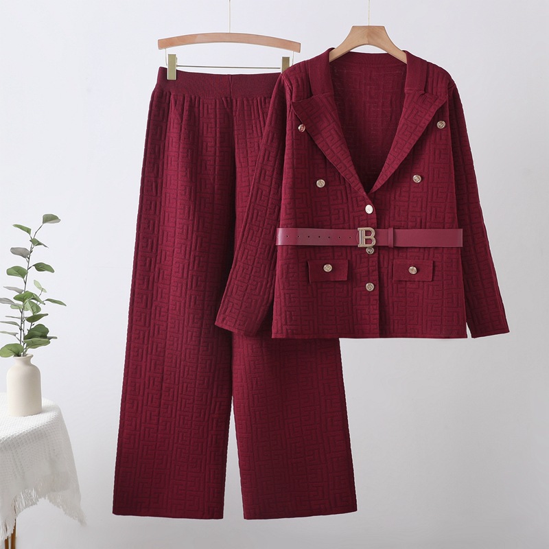 Cross border new comfortable women's clothing maze jacquard pattern B-shaped breasted lapel, waist cinched knit long sleeved pants set Cross border new comfortable women's clothing maze jacquard pattern B-shaped breasted lapel, waist cinched knit long sleeved pants set