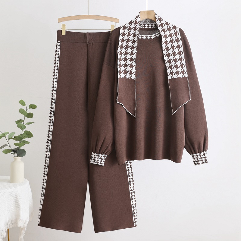 European and American style autumn and winter knitted suit, high waisted temperament knitted top, wide leg pants with a herringbone scarf set European and American style autumn and winter knitted suit, high waisted temperament knitted top, wide leg pants with a herringbone scarf set