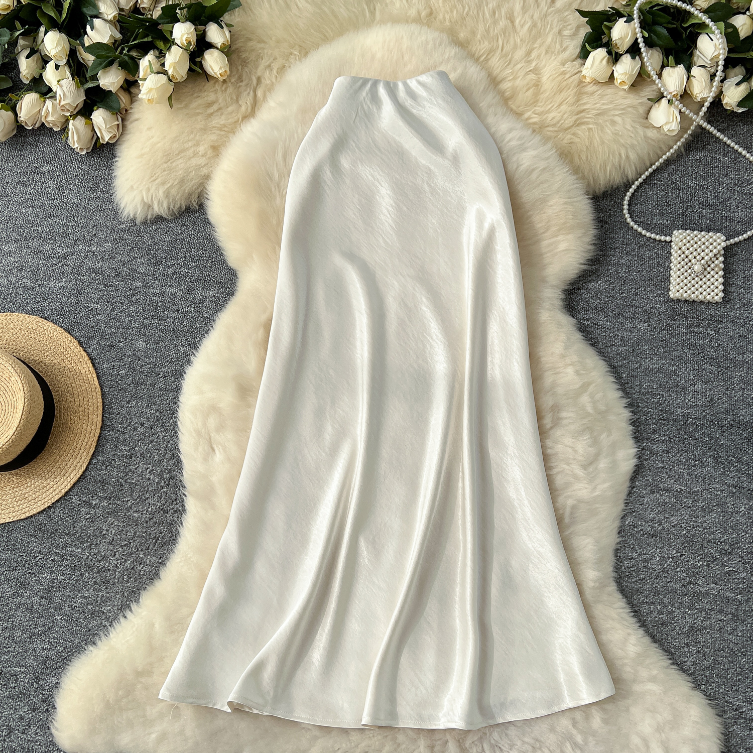 High end satin midi skirt for women 2025 new style, light luxury, high waist, slimming A-line package, hip sagging sensation, fish tail mid length skirt High end satin midi skirt for women 2025 new style, light luxury, high waist, slimming A-line package, hip sagging sensation, fish tail mid length skirt