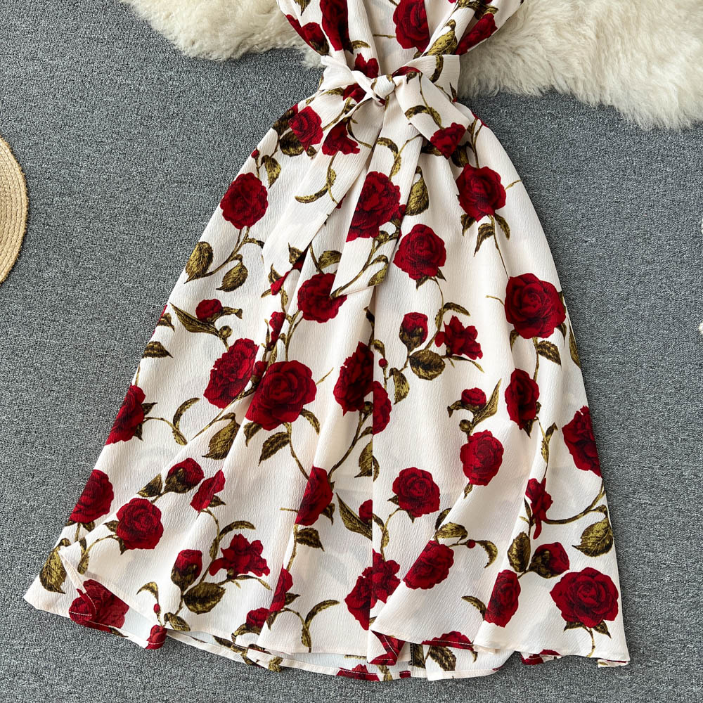 Vintage printed dress 2022 new goddess style temperament V-neck lace up waist slimming mid length dress Vintage printed dress 2022 new goddess style temperament V-neck lace up waist slimming mid length dress