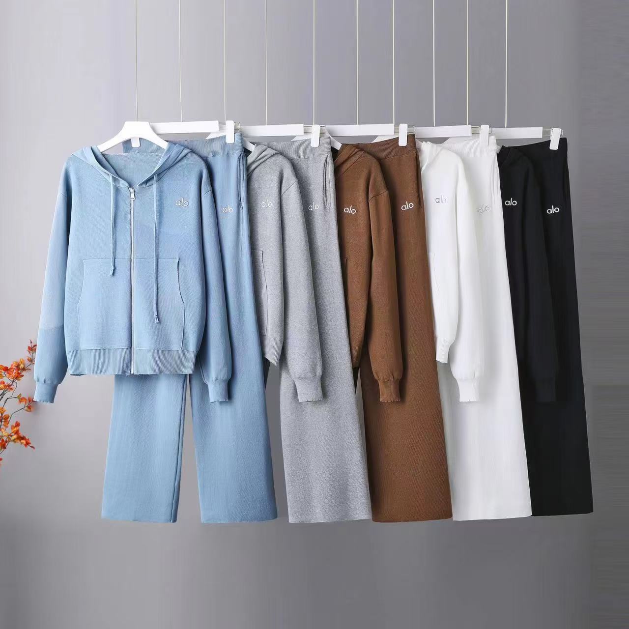 Cross border European station wide leg pants hooded knitted cardigan two-piece set for women's autumn fashion loose casual knitted suit