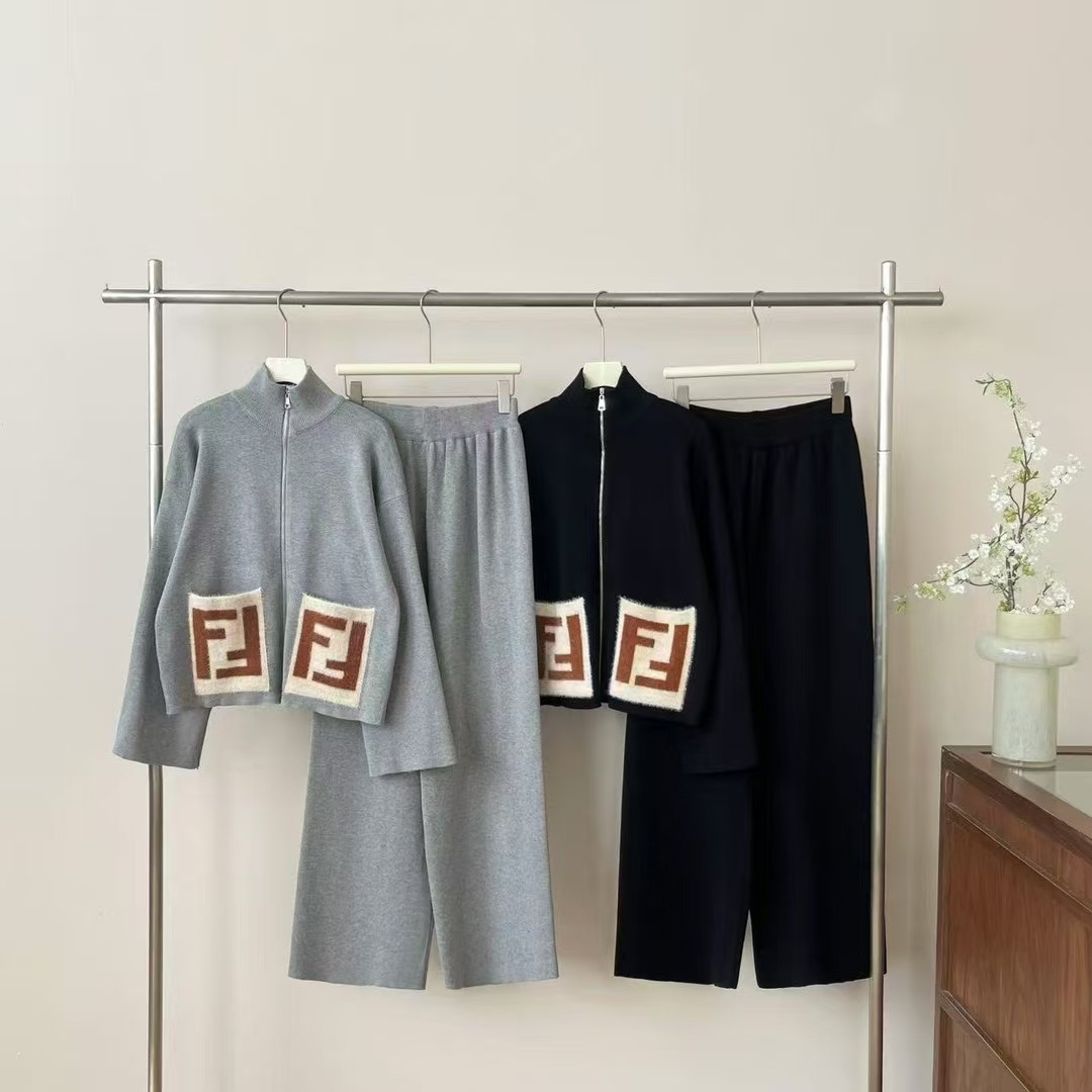 2025 New Knitted Set F Letter Color blocked Double Pocket Long Sleeve Cardigan Zipper Coat+High Waist Wide Leg Pants