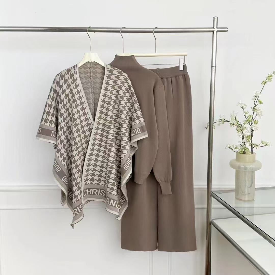 Cross border 25 year casual European and American suit autumn and winter fashion long sleeved two-piece set knitted sweater high waist wide leg pants three pieces Cross border 25 year casual European and American suit autumn and winter fashion long sleeved two-piece set knitted sweater high waist wide leg pants three pieces