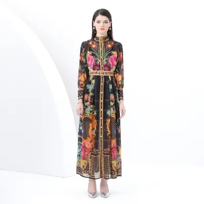 Retro elegant palace style positioning printed high neck lantern sleeves waist cinched dress for women's spring European and American vacation long dress