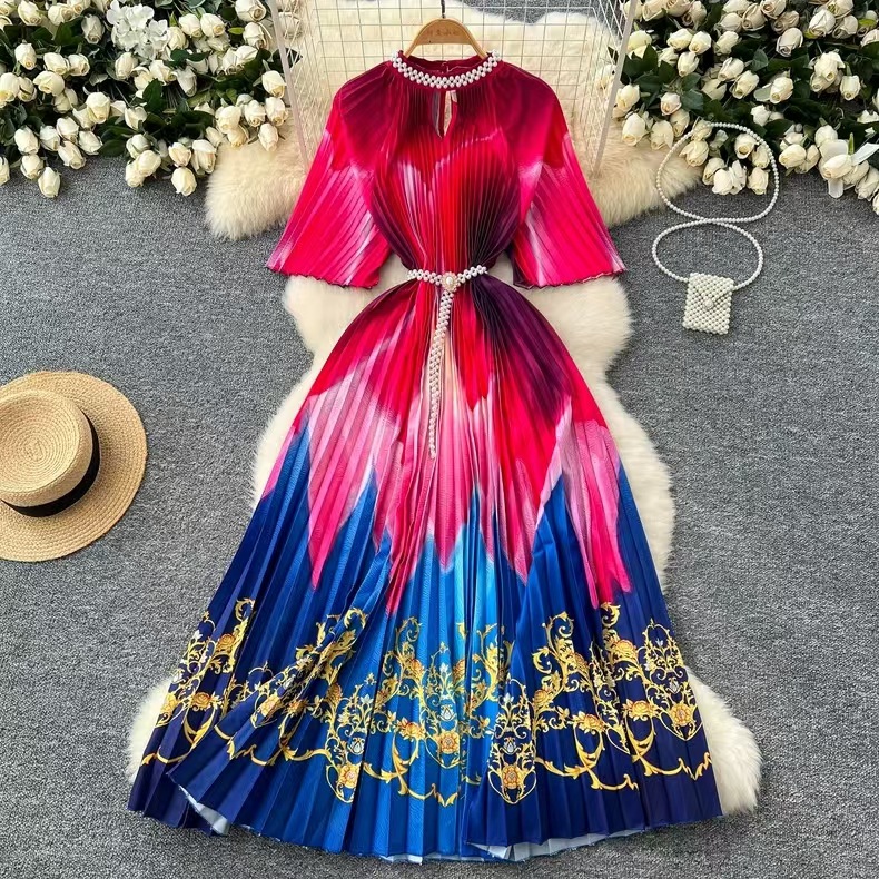 European and American women's clothing niche elegant dress cross-border new style hollow nail bead round neck cinched waist printed pleated long skirt