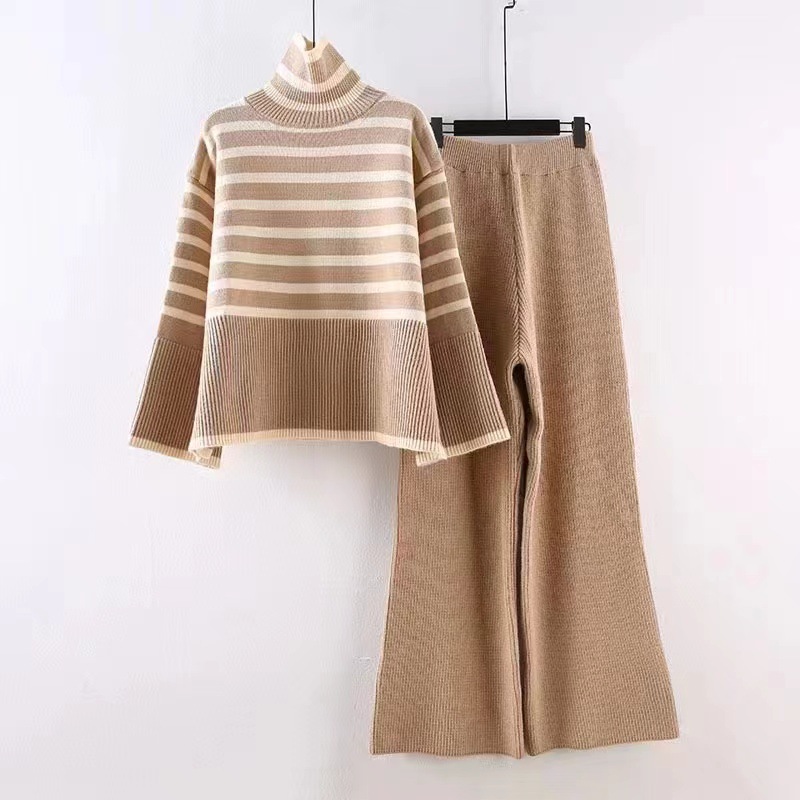 Two piece set of oversized loose and versatile high neck knitted sweater for women+high waist hanging straight leg casual knitted wide leg pants Two piece set of oversized loose and versatile high neck knitted sweater for women+high waist hanging straight leg casual knitted wide leg pants