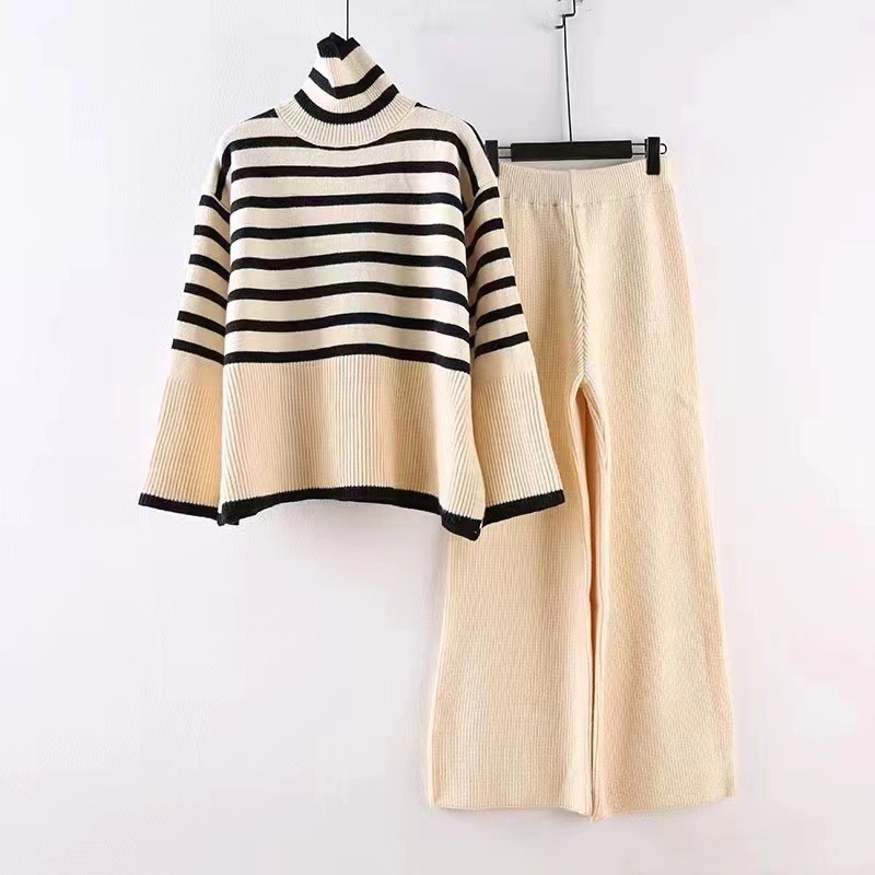 Two piece set of oversized loose and versatile high neck knitted sweater for women+high waist hanging straight leg casual knitted wide leg pants Two piece set of oversized loose and versatile high neck knitted sweater for women+high waist hanging straight leg casual knitted wide leg pants