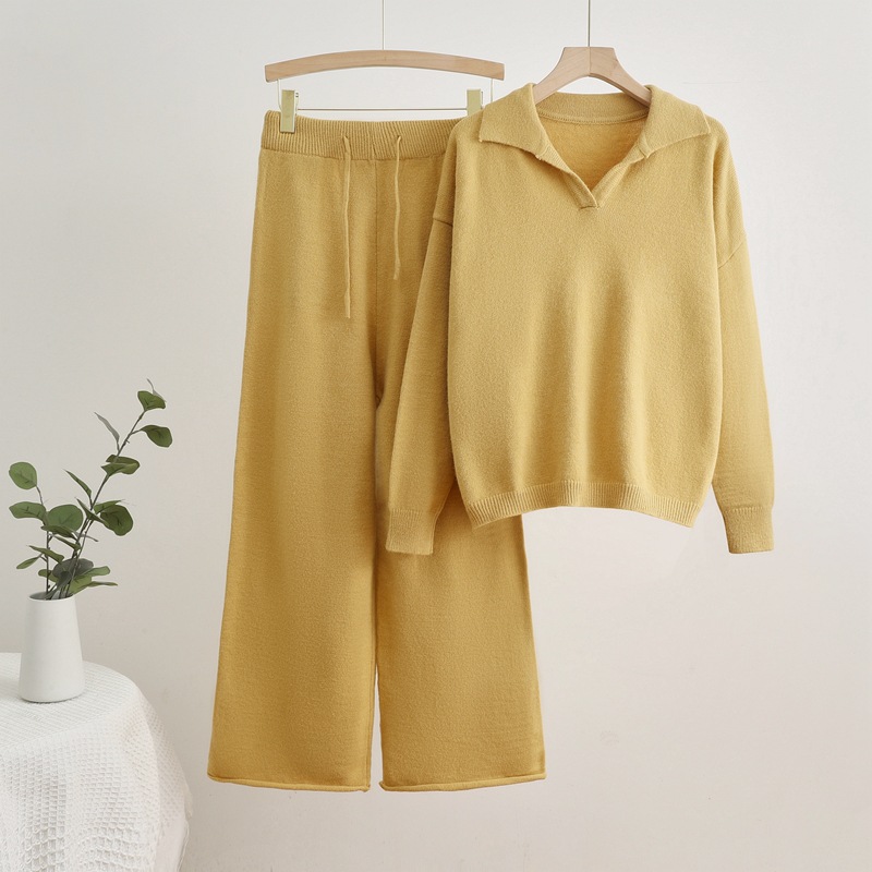 2024 Korean Style Casual Solid Color Knitted Collar Autumn/Winter Top Drawstring Wide Leg Pants Fashion Commuter Set