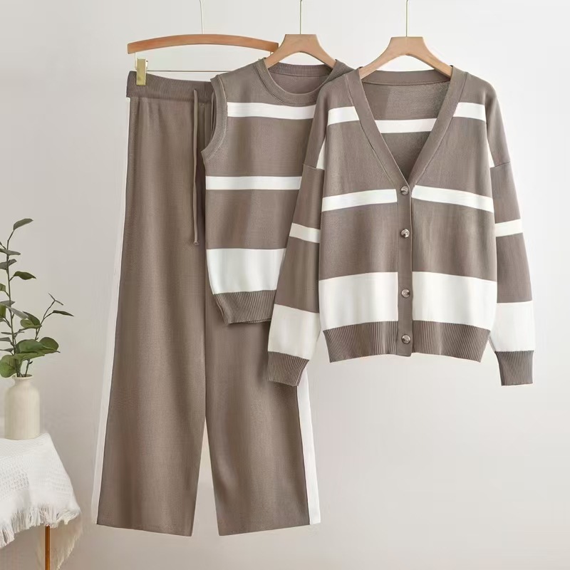 Cross border autumn new style striped sleeveless vest with buttons inside, knitted cardigan top, wide leg pants three piece set Cross border autumn new style striped sleeveless vest with buttons inside, knitted cardigan top, wide leg pants three piece set
