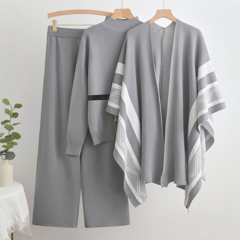 Cross border foreign trade fashion spring and autumn loose casual shawl cardigan jacket+high neck sweater base+wide leg pants three pieces Cross border foreign trade fashion spring and autumn loose casual shawl cardigan jacket+high neck sweater base+wide leg pants three pieces