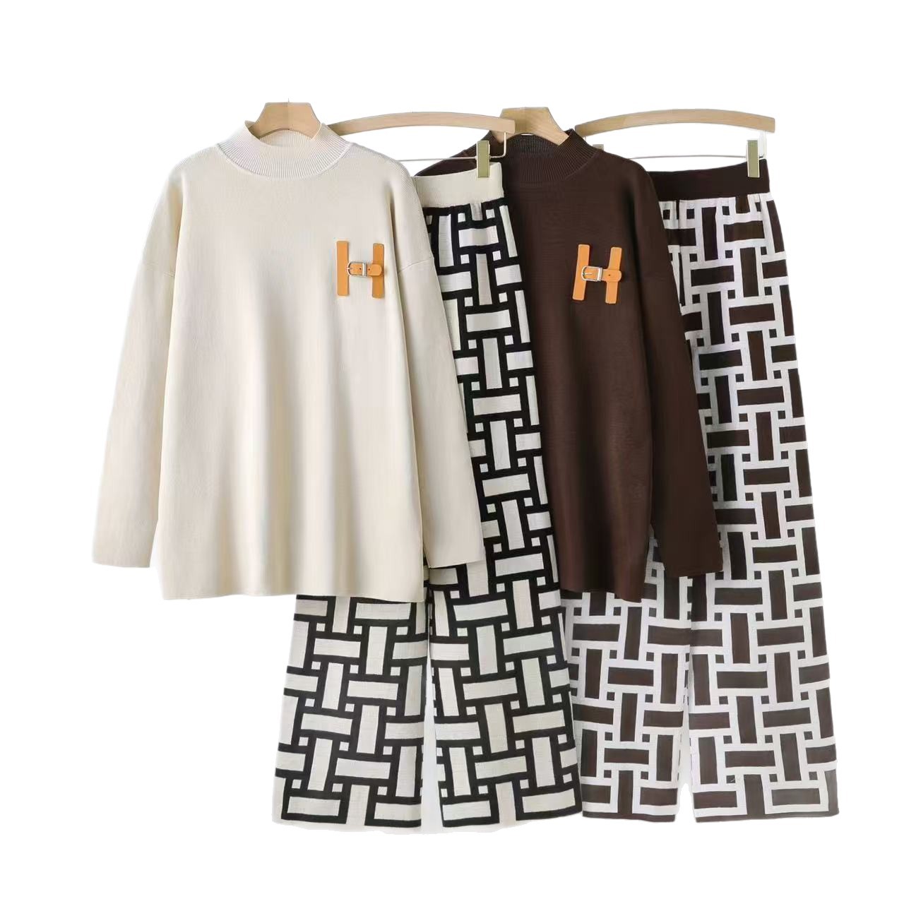 Cross border 2025 New Simple Letter Knitted Loose T-shirt Sports and Leisure Wide Leg Pants Knitted Two Piece Set for Women Cross border 2025 New Simple Letter Knitted Loose T-shirt Sports and Leisure Wide Leg Pants Knitted Two Piece Set for Women