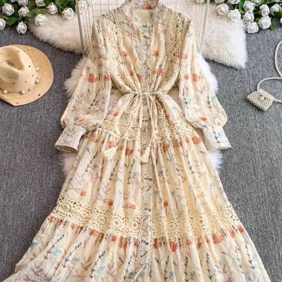 French retro court style hollow lace patchwork lantern sleeve waist cinched single breasted printed dress 2025 spring outfit