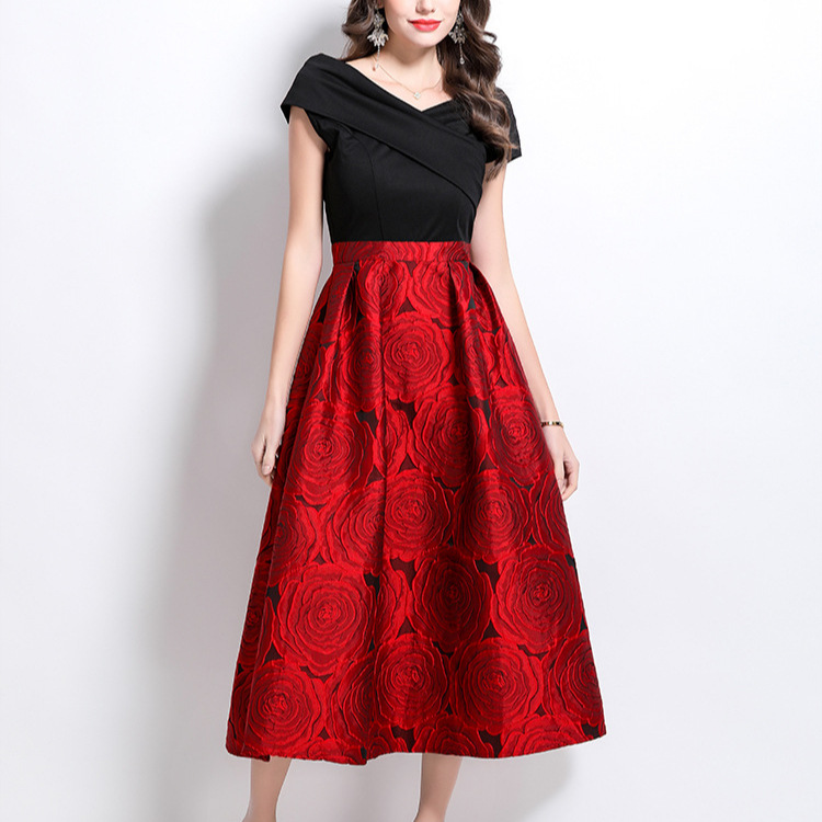 French style dress for women 2025 new style dress, high-end one shoulder splicing, waist cinching jacquard large swing fluffy dress