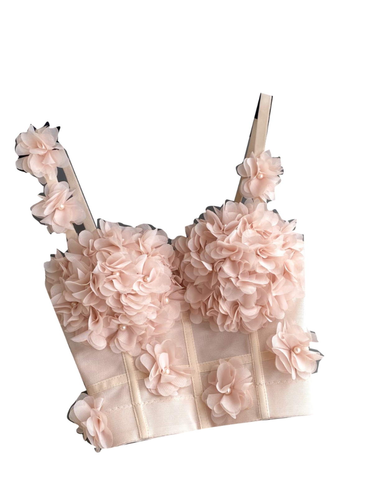 Internet celebrity Instagram new French sweet three-dimensional flower tank top, women's pure desire style, high-end feeling, strapless short top Internet celebrity Instagram new French sweet three-dimensional flower tank top, women's pure desire style, high-end feeling, strapless short top