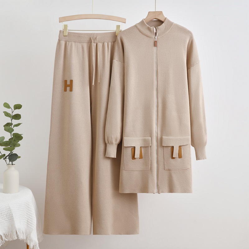 Cross border European and American solid color woolen suit loose knit zipper pocket sweater top+drawstring loose wide leg pants Cross border European and American solid color woolen suit loose knit zipper pocket sweater top+drawstring loose wide leg pants