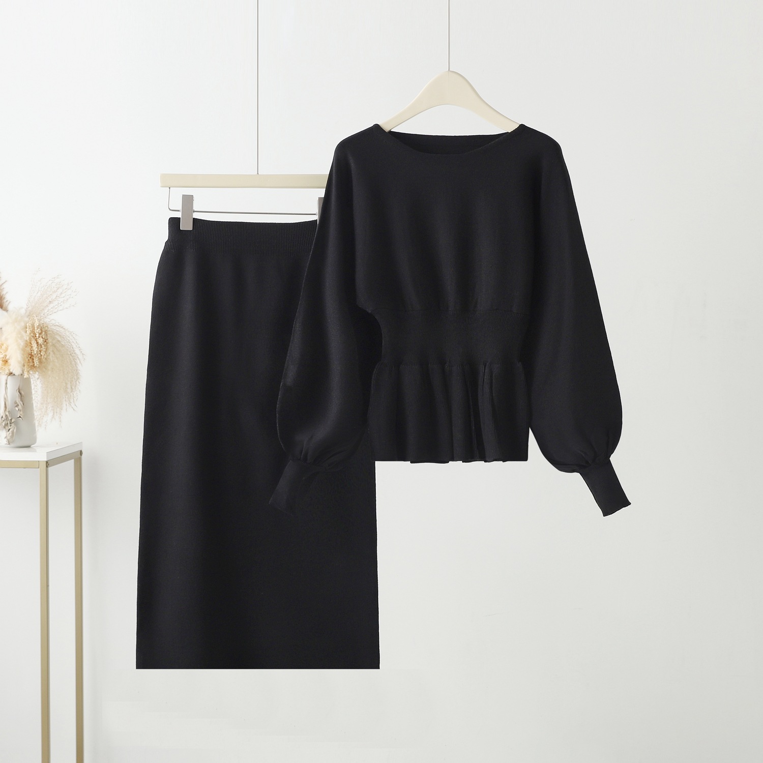 Fashion Set for Women 2023 Spring and Autumn Vintage Bag Hip, Waist, and Slimming Knitted Dress Two Piece Set Round Neck Solid Color Fashion Set for Women 2023 Spring and Autumn Vintage Bag Hip, Waist, and Slimming Knitted Dress Two Piece Set Round Neck Solid Color