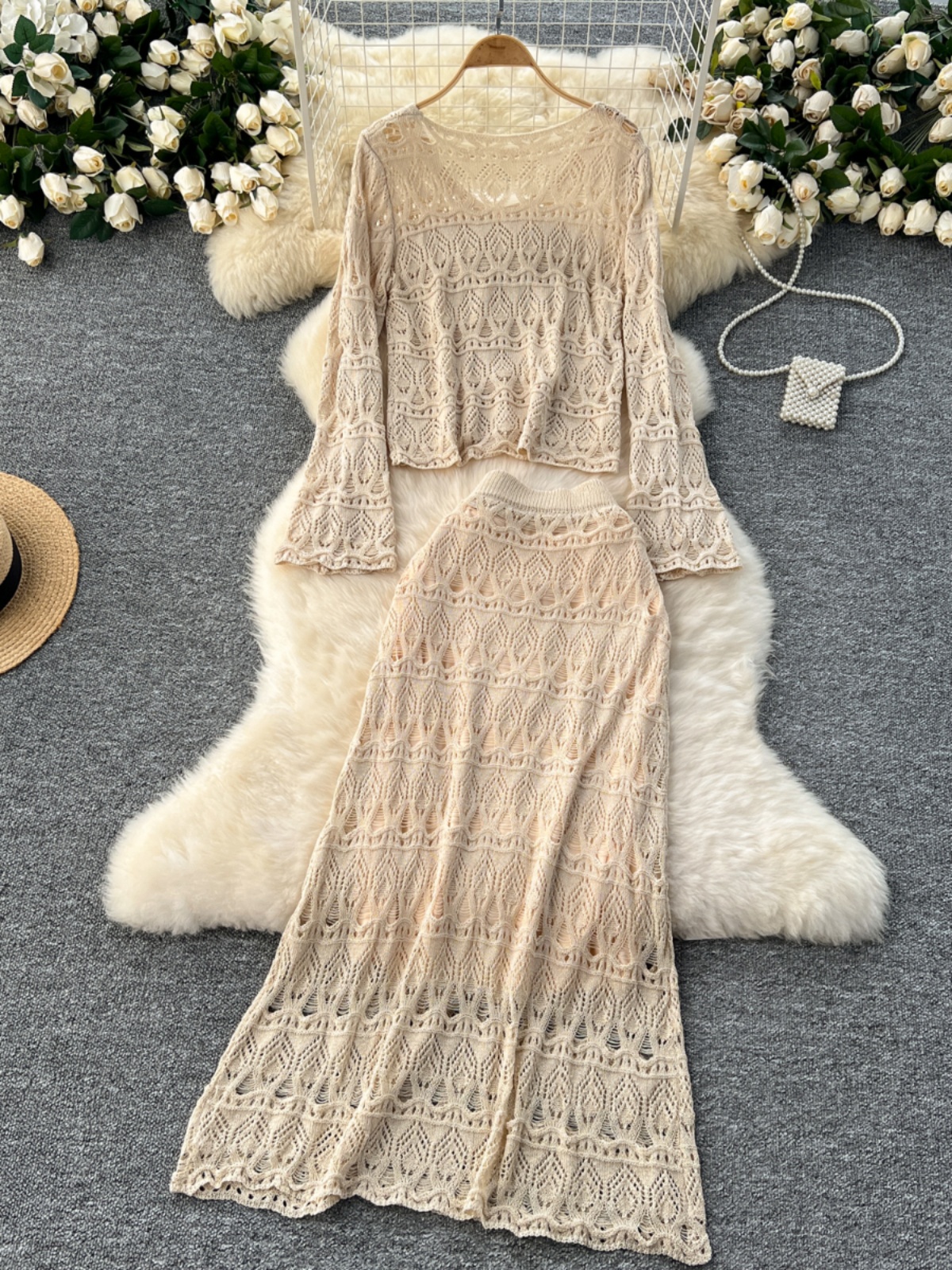 Two piece temperament set for women, gentle and versatile with flared sleeves and hollowed out crochet knit top+high waist slimming skirt Two piece temperament set for women, gentle and versatile with flared sleeves and hollowed out crochet knit top+high waist slimming skirt