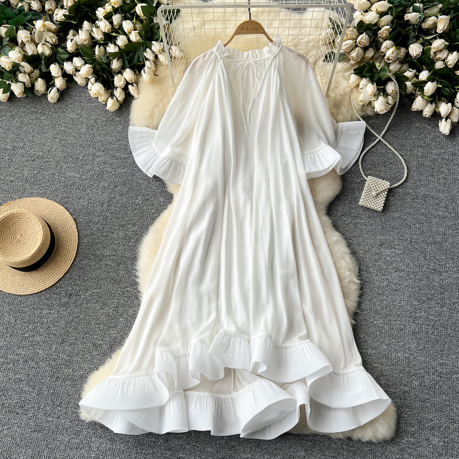 European and American niche palace style lotus leaf edge dress, women's high-end sense, loose and slimming temperament, vacation dress, long skirt European and American niche palace style lotus leaf edge dress, women's high-end sense, loose and slimming temperament, vacation dress, long skirt