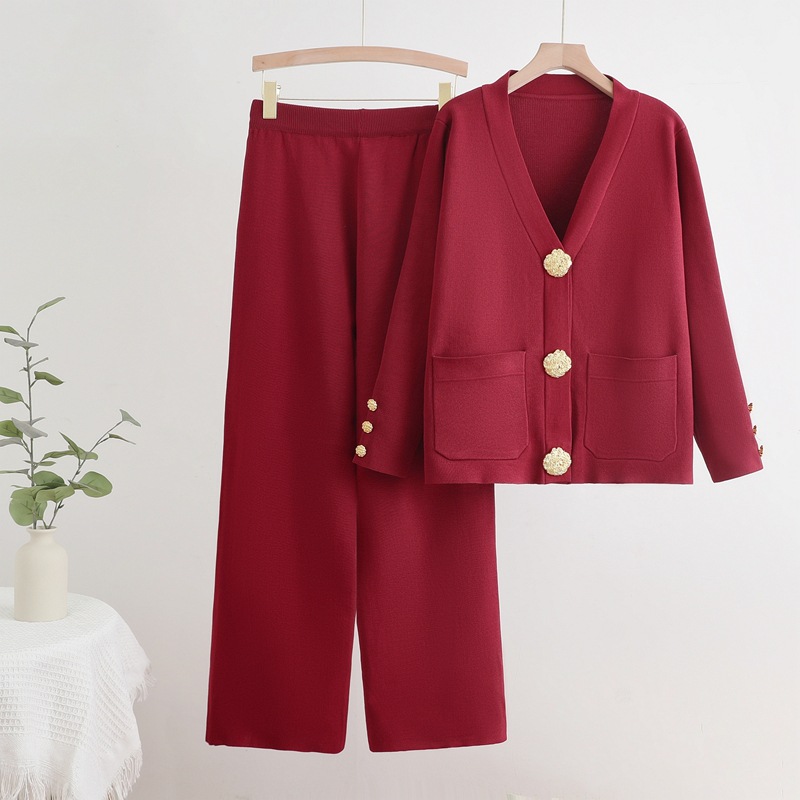 Cross border foreign trade autumn and winter new V-neck single row metal button cardigan top, wide leg pants, knitted versatile two-piece set