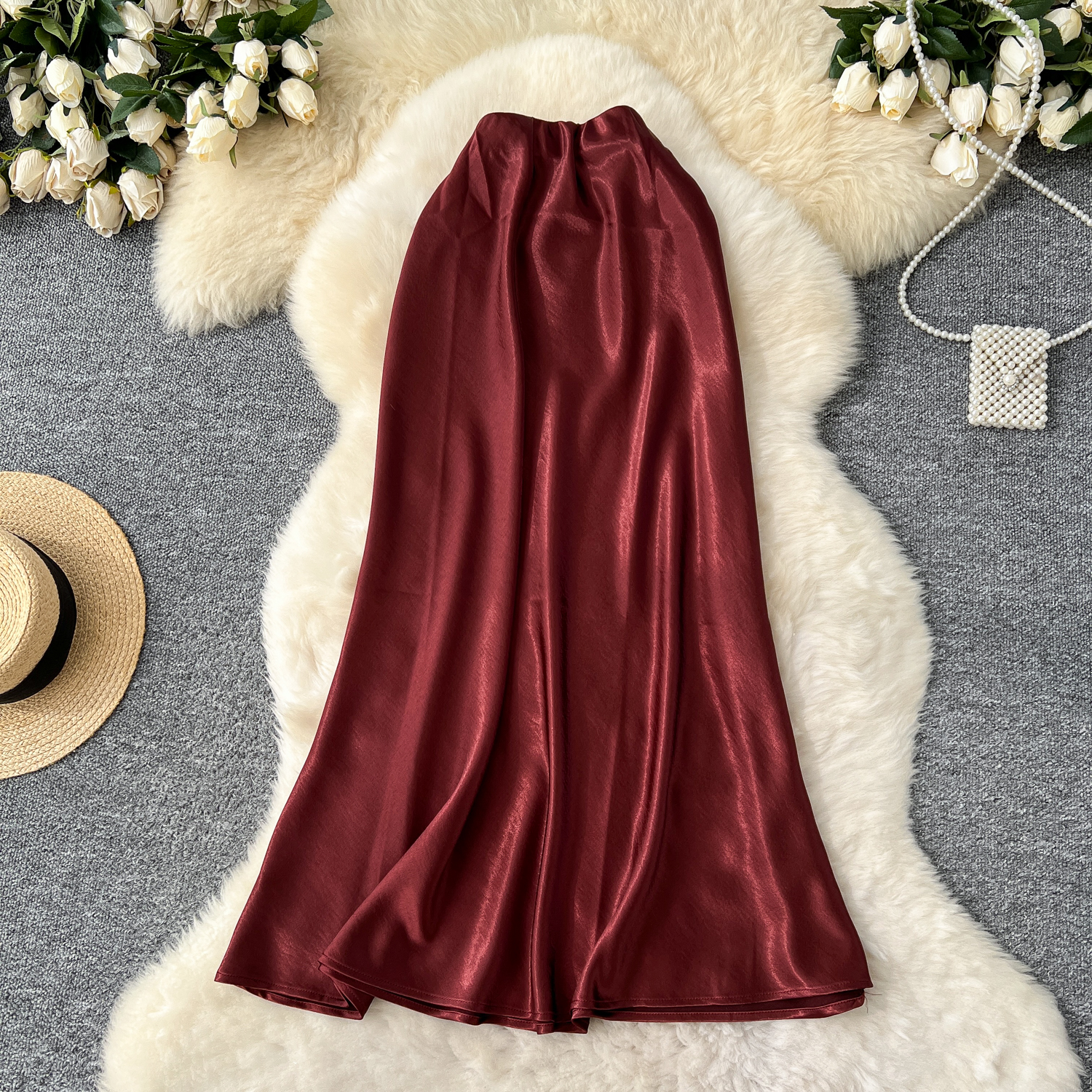 High end satin midi skirt for women 2025 new style, light luxury, high waist, slimming A-line package, hip sagging sensation, fish tail mid length skirt High end satin midi skirt for women 2025 new style, light luxury, high waist, slimming A-line package, hip sagging sensation, fish tail mid length skirt
