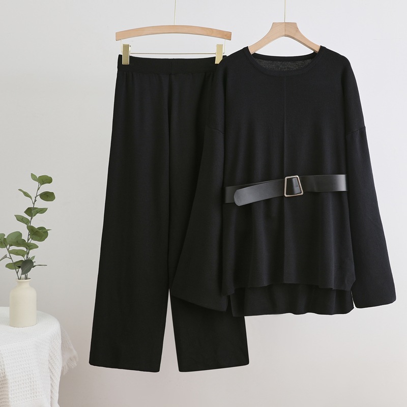 Cross border foreign trade solid color set temperament round neck pullover belt top loose high waist wide leg pants fashionable two-piece set Cross border foreign trade solid color set temperament round neck pullover belt top loose high waist wide leg pants fashionable two-piece set