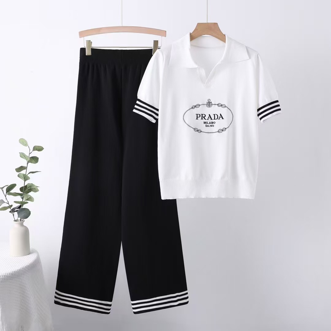 Summer fashion short sleeved letter printed pullover top, wide leg pants, knitted foreign trade two-piece set, sports and leisure suit Summer fashion short sleeved letter printed pullover top, wide leg pants, knitted foreign trade two-piece set, sports and leisure suit