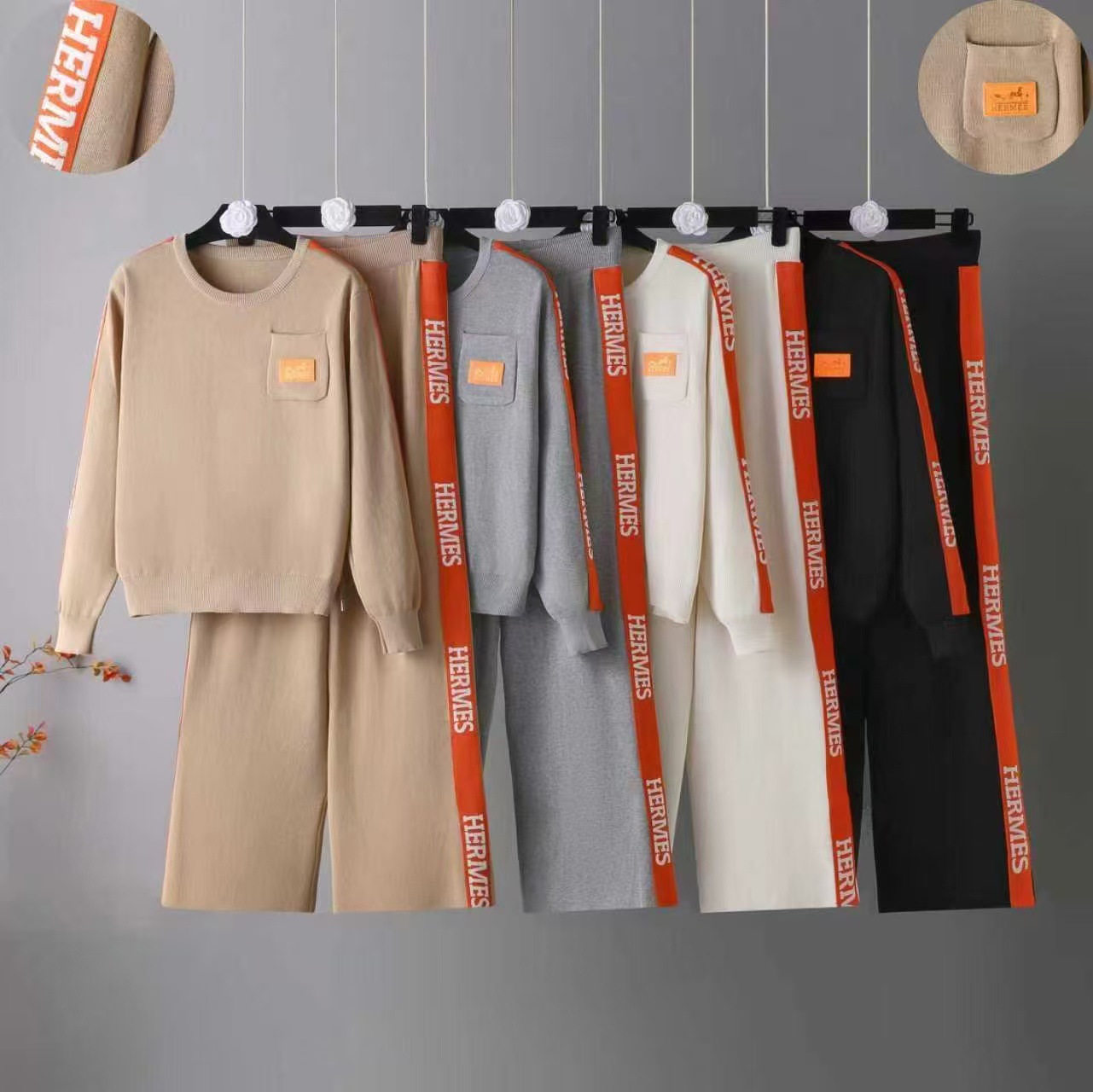 Cross border 2025 casual and fashionable Western style round neck knitted suit autumn and winter sports letter wide leg pants two-piece set