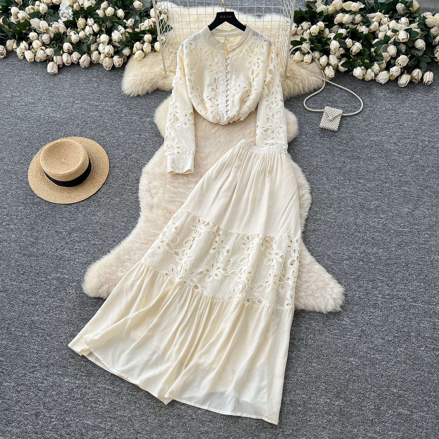 French court style suit, fashionable and heavy industry, with hollowed out hook flower embroidery, long sleeved shirt and high waisted skirt French court style suit, fashionable and heavy industry, with hollowed out hook flower embroidery, long sleeved shirt and high waisted skirt