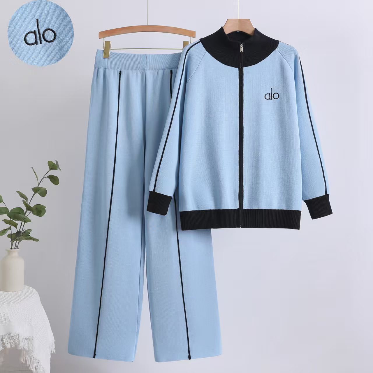 Cross border autumn and winter small fragrance style contrasting color stand up collar casual knitted suit women's versatile zipper jacket elastic straight leg pants Cross border autumn and winter small fragrance style contrasting color stand up collar casual knitted suit women's versatile zipper jacket elastic straight leg pants