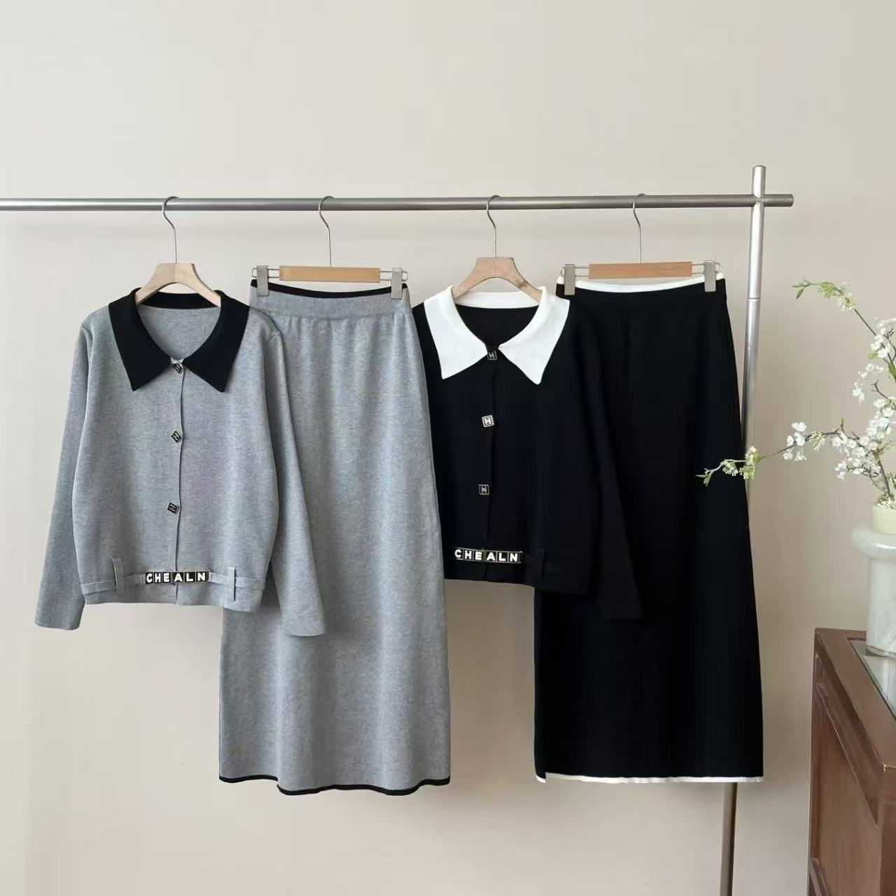 2025 Knitted Set Fashion New Look Slimming Top Contrast Collar Doll Long Sleeve Cardigan High Waist Long Skirt Foreign Trade