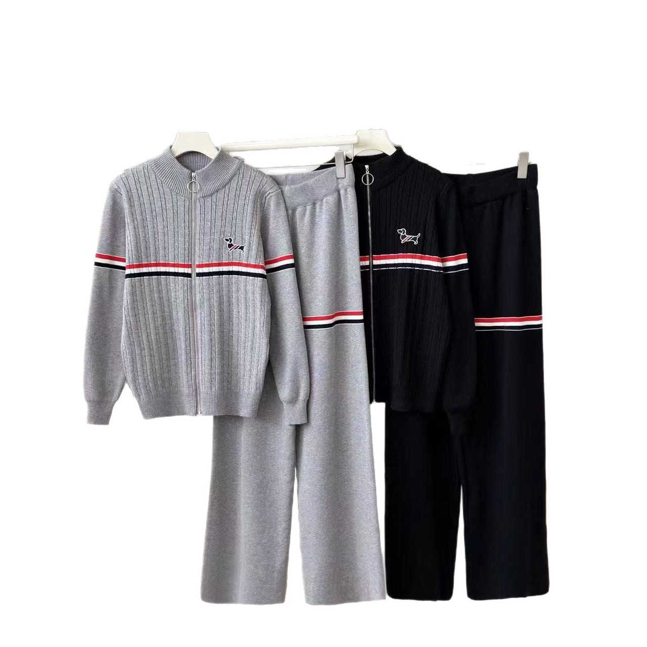 Cross border 2025 Korean Spring and Autumn Zipper Knitted Cardigan Women's New Round Neck College Style Wide Leg Pants Two Piece Set Cross border 2025 Korean Spring and Autumn Zipper Knitted Cardigan Women's New Round Neck College Style Wide Leg Pants Two Piece Set