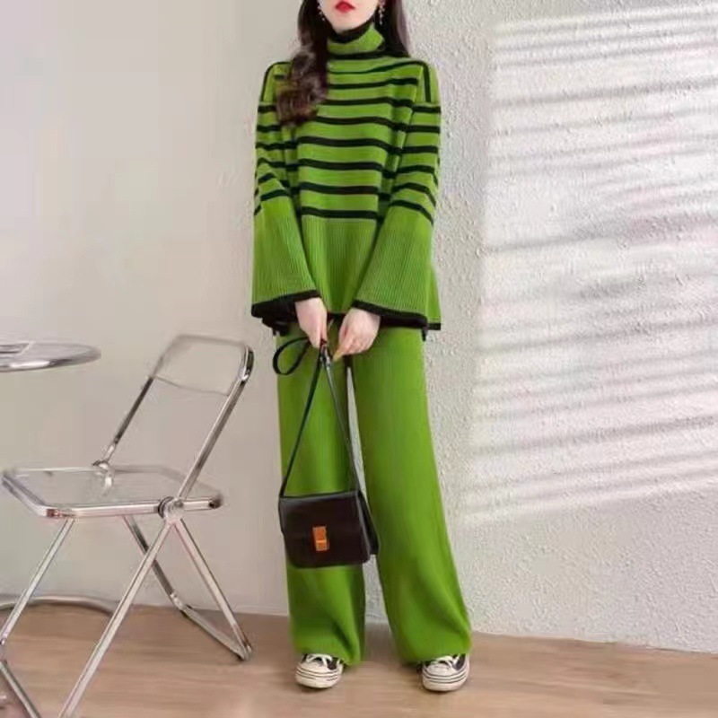Two piece set of oversized loose and versatile high neck knitted sweater for women+high waist hanging straight leg casual knitted wide leg pants Two piece set of oversized loose and versatile high neck knitted sweater for women+high waist hanging straight leg casual knitted wide leg pants