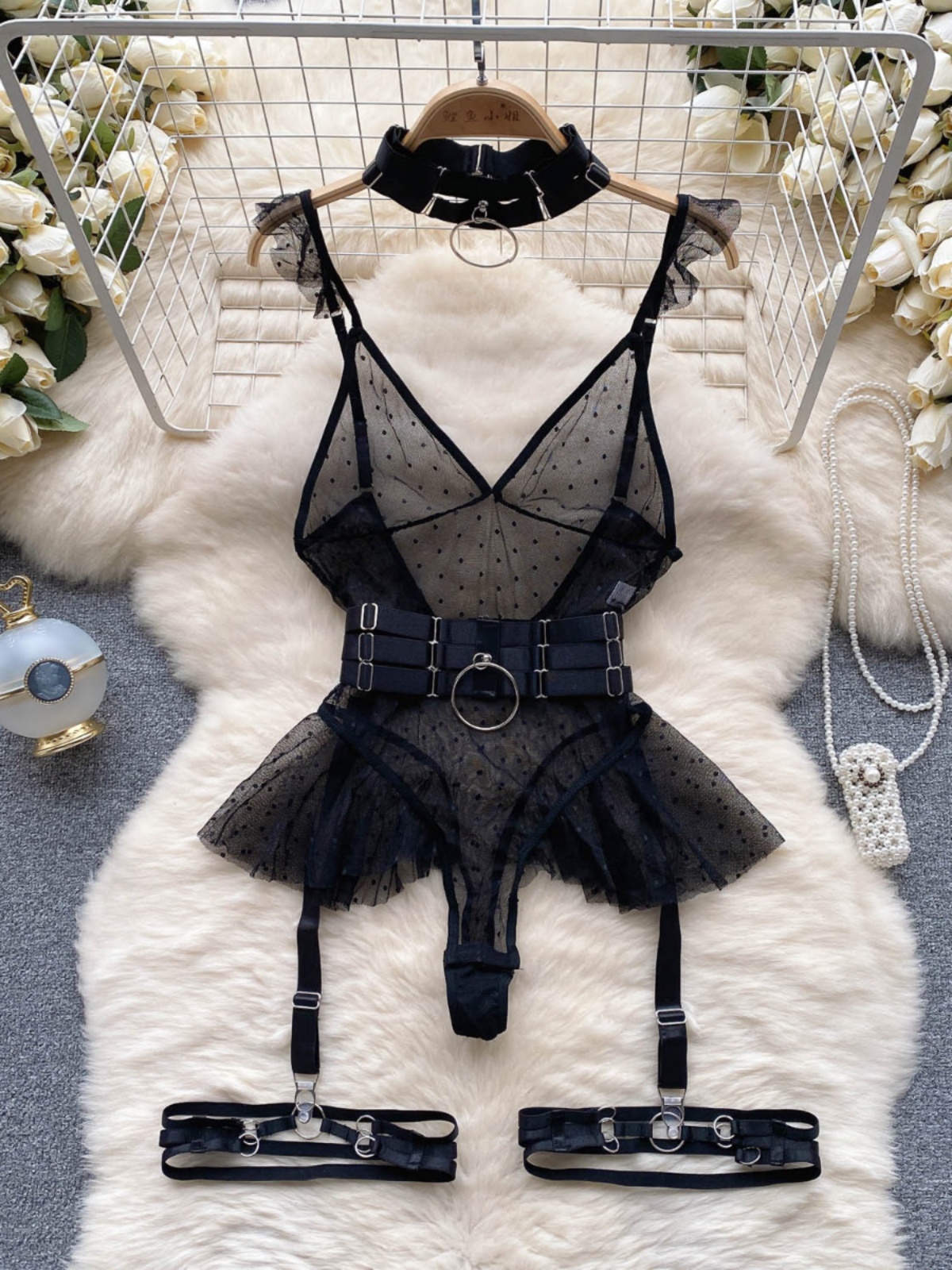 European and American Instagram influencer hot girl sexy mesh bottom suspender V-neck slimming waist cinched ruffled hem jumpsuit