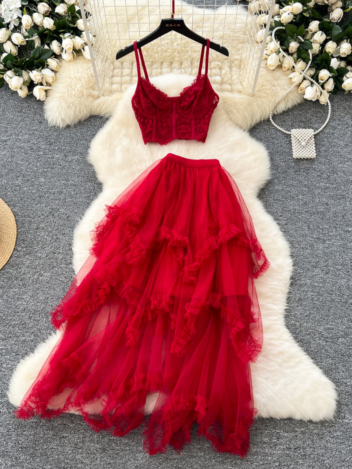 Atmosphere fairy suit dress 2024 new sexy lace camisole top high waist irregular mesh skirt