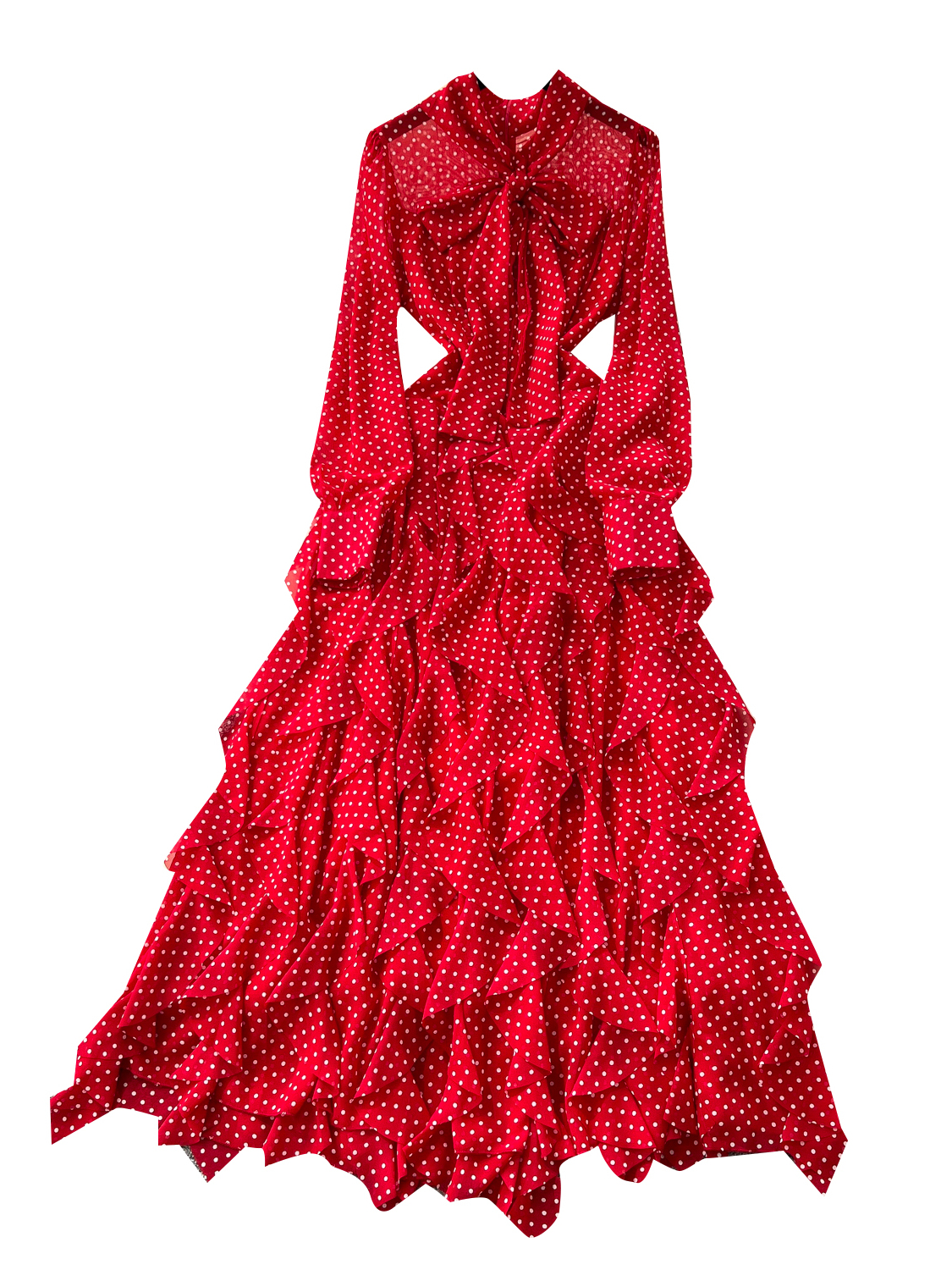 Light mature style niche bow tie tied long sleeved polka dot dress for women in autumn 2025, irregular lotus leaf side length skirt Light mature style niche bow tie tied long sleeved polka dot dress for women in autumn 2025, irregular lotus leaf side length skirt