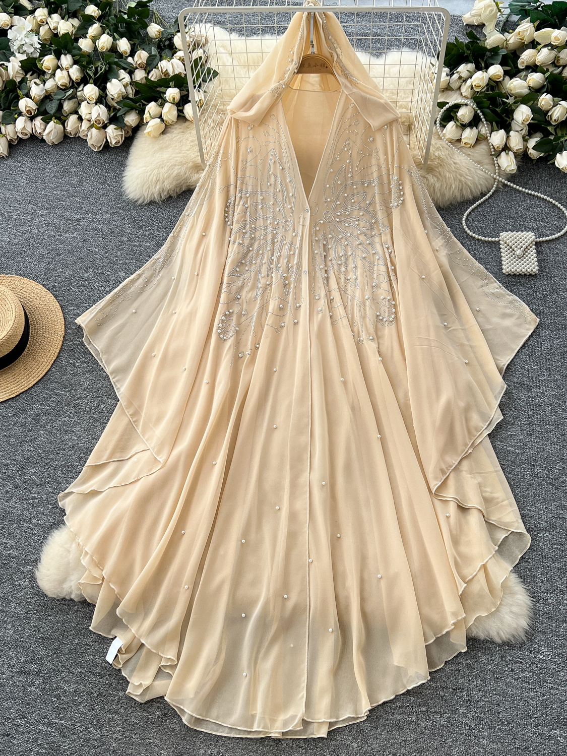 European and American fashion heavy industry nail bead hooded shawl jacket women's summer loose irregular thin cape mesh hood shirt