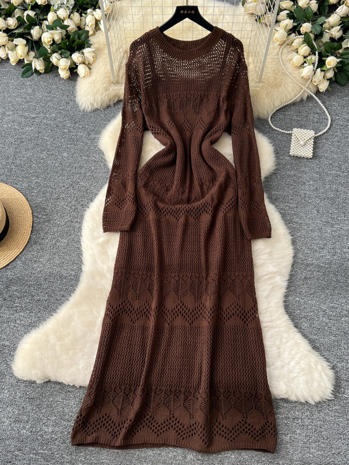 Korean gentle style, age reducing and lazy style, hollowed out hook and flower knitted dress, women's interior with camisole dress, two-piece set