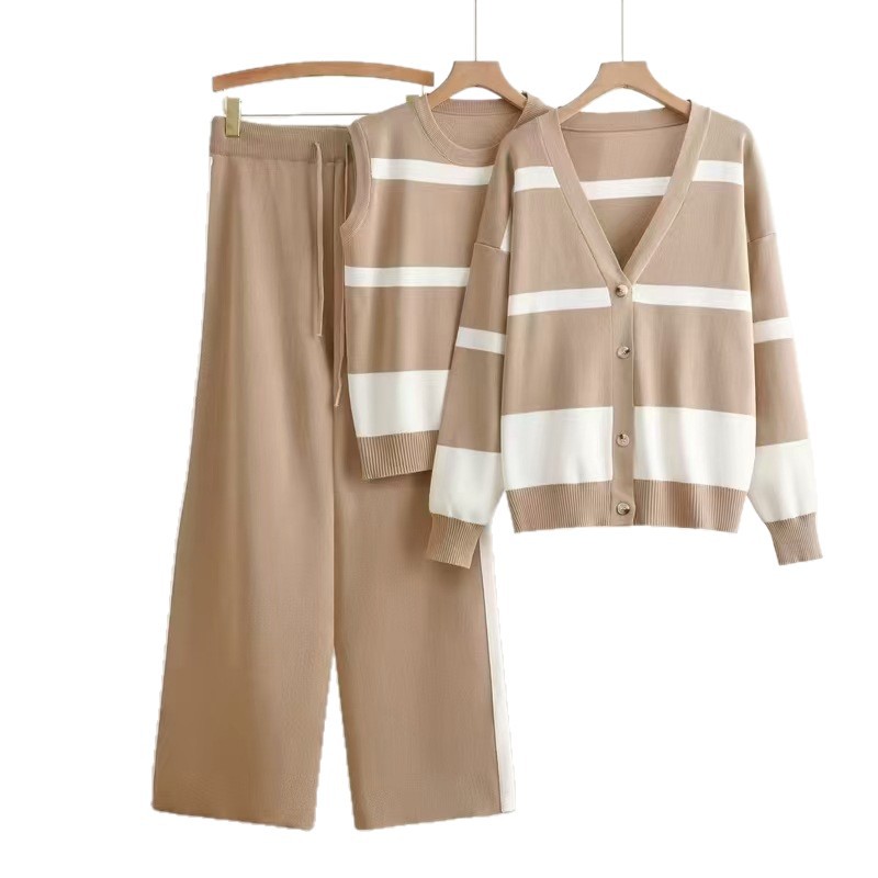 Cross border autumn new style striped sleeveless vest with buttons inside, knitted cardigan top, wide leg pants three piece set Cross border autumn new style striped sleeveless vest with buttons inside, knitted cardigan top, wide leg pants three piece set