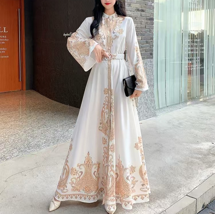 Retro court style trumpet long sleeved lapel, waist cinched single breasted A-line positioning printed dress for women